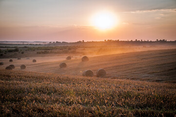 On an early autumn evening, bales of straw are waiting to be picked up from the field.