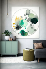 A room with an abstract watercolor paint with pastel colors, on the wall