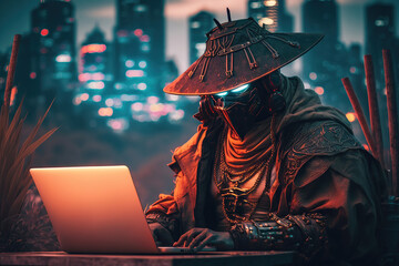 samurai hacker with Japanese armor and face maske working on laptop , city in the background ,Generative ai