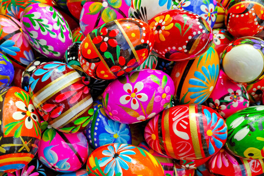 Colorful easter eggs for sale on a market stall in Zagreb, Croatia.