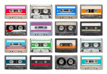 16 vintage audio cassette on a white background - obrazy, fototapety, plakaty