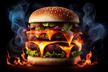 A juicy cheeseburger with flames and smoke, black background, melting cheese