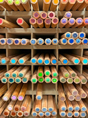 Wooden colored pencils in a craft store