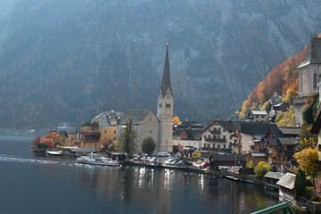 Hallstatt a hilly town with a lake in summer	