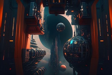 A futuristic city floating in space, High level of technology