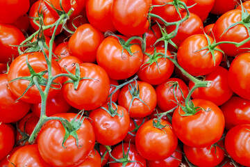 Stack of round tomatoes in bunched on a market stall