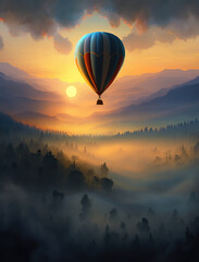 hot air balloon at sunset landscape