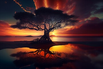 Tree of Life on the edge of a river at sunset
