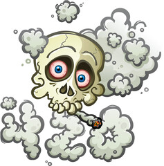 Skull cartoon character smoking a marijuana joint with a surrounding haze of billowing smoke shaped like four twenty 420 vector illustration