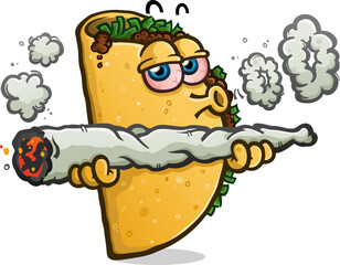 Taco cartoon stoned and high on a marijuana joint blowing smoke rings and getting the munchies while high as a kite vector illustration