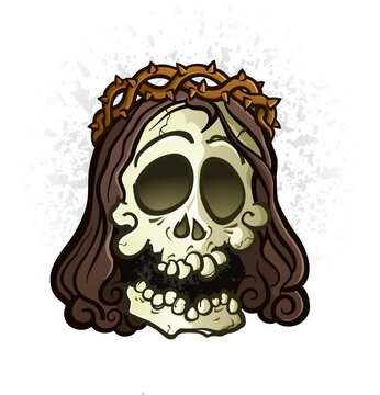 A dried out skeleton skull jesus wearing a crown of thorns vector cartoon clip art
