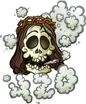 Marijuana Jesus skull cartoon character smoking a fat joint with a surrounding haze of billowing smoke shaped like four twenty 420 vector illustration