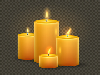 A burning candles isolated on transparent background. A composition of four wax candles
