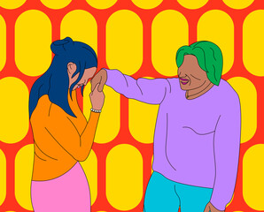 Lola/ grandma giving a Filipino blessing (mano po) to a girl on a red and yellow patterned background