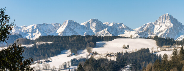 Fototapeta na wymiar Totes Gebirge with snow and sunny winter landscape