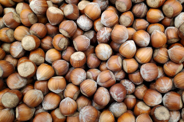 Stack of hazelnuts on a market stall