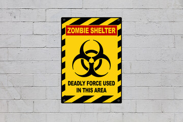 Zombie shelter sign on a cinder block wall