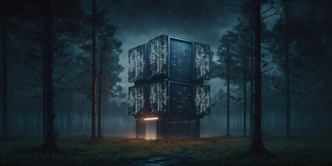 Super computador ou Data Center no meio de uma floresta escura e misteriosa, período da noite, floresta perigosa e mágica - AI Generated 