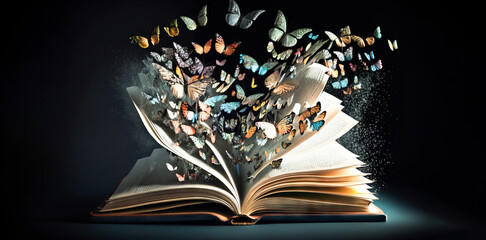 Old book with butterflies.  A fairy tale old story book with butterflies flying out, 3d image created with generative ai © touchedbylight