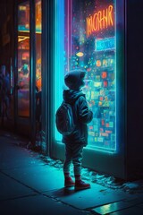 Little boy standing in front of a night club with neon lights. Generative AI