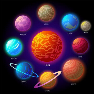 Solar system planets cartoon observatory small planets pluto venus mercury neptune mars crater stars and stars cosmos