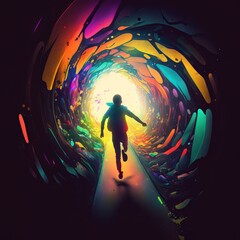 Silhouette of a man running through a tunnel with colorful lights. Generative AI