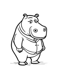 cartoon hippopotamus in a jacket in black and white style for coloring. Vector illustration