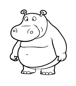 cartoon hippopotamus in black and white style for coloring. Vector illustration