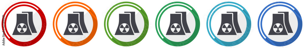 Poster nuclear power plant icon set, flat design vector illustration in 6 colors options for webdesign and 