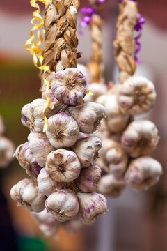 String of garlic bulbs hanging from a display
