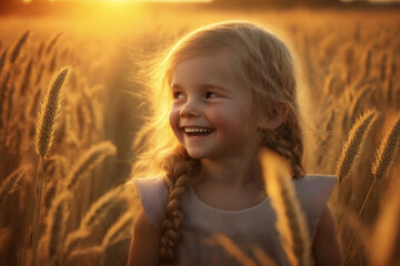 happy little girl in the field with sunlight