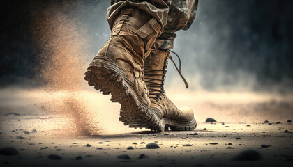 Soldier with heavy shoes standing on a dirt battle field. Generative AI