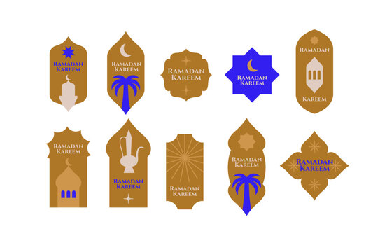 Vector collection set labels for Ramadan Mubarak greeting. Boho arches with Islamic symbols.