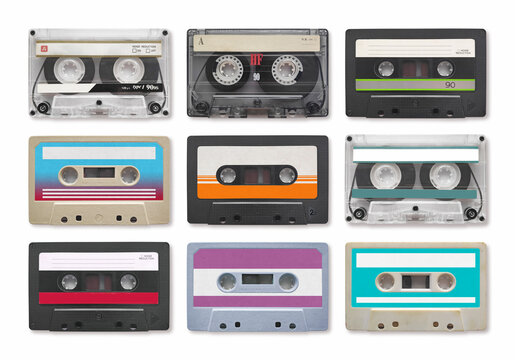 9 vintage audio cassette on a white background