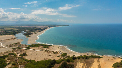 Aerial view of Seascape with tropical sandy beach and blue ocean. Philippines.