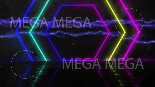 Animation of meg sale text over shapes on black background