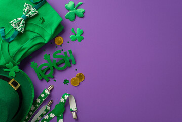 Saint Patrick's Day concept. Top view photo of green sweater irish party glasses leprechaun hat...