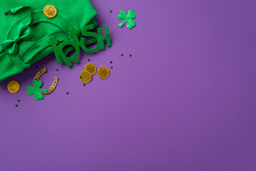 Saint Patrick's Day concept. Top view photo of green clothing shirt irish party glasses bow-tie...