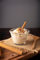 Rice pudding. Sweet dish made by cooking rice in milk and sugar, some recipes include cinnamon, vanilla or other ingredients, it is a very easy dessert to make and very popular all over the world.