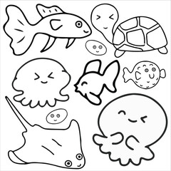 Sea animals doodle icon set vector illustration. Suitable for sticker pack, icon, logo and graphic design elements