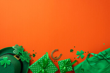 St Patrick's Day concept. Top view photo of leprechaun hat green pullover bow-tie gift boxes clover...