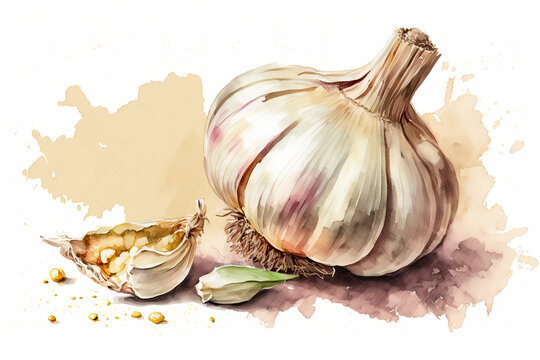 Garlic bulbs and cloves isolated drawing on white watercolor illustration, created with Generative AI