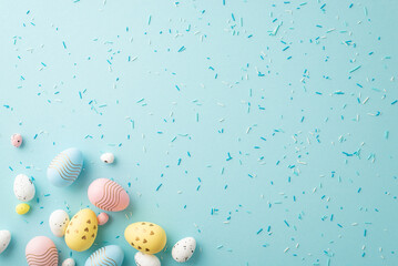 Easter concept. Top view photo of colorful easter eggs and scattered sprinkles on isolated light blue background with copyspace