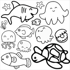 Sea animals doodle icon set vector illustration. Suitable for sticker pack, icon, logo and graphic design elements
