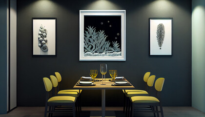 Well clean decorated restaurent with yellow chair table and painting in wall Image created with Generative AI technology