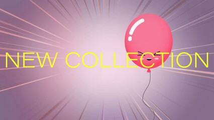 Animation of new collection text over balloon and lines on purple background - Powered by Adobe