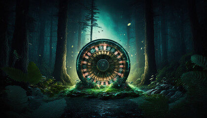 Roleta de casino dentro de uma floresta misteriosa durante a noite, abstrato, misterioso - AI Generated