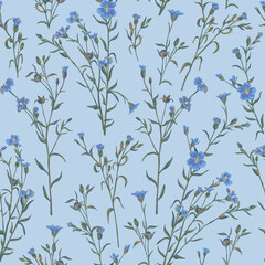 Flax flowers plant seamless pattern. Fashion floral blue background. Vector illustration.