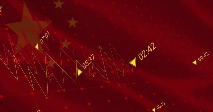 Animation of financial data processing over flag of china