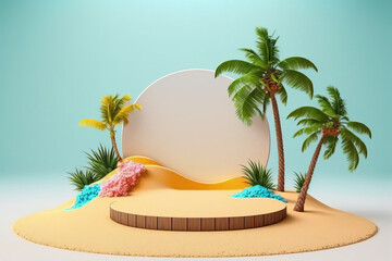 Tropical product placement podium stage with summer beach palm tree. Generative ai
